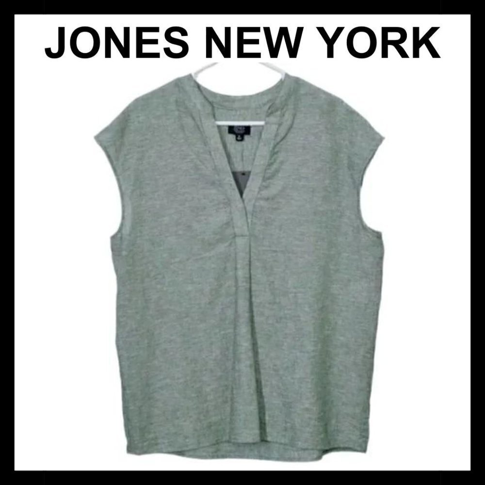 NWT JONES NEW YORK Basil green linen blend cap sleeve casual top